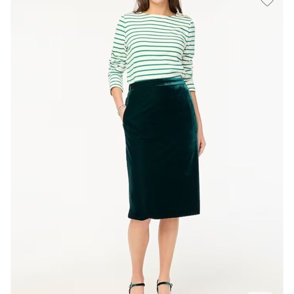 J.Crew Velvet Pullon Midi Lined Skirt Side Slits Pockets Elastic Waist S Green